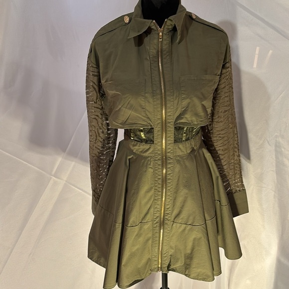 BOGO L’ATISTE Army Green Partial Sheer w/Front Zipper Long Sleeve Dress Size Sm - Picture 7 of 14